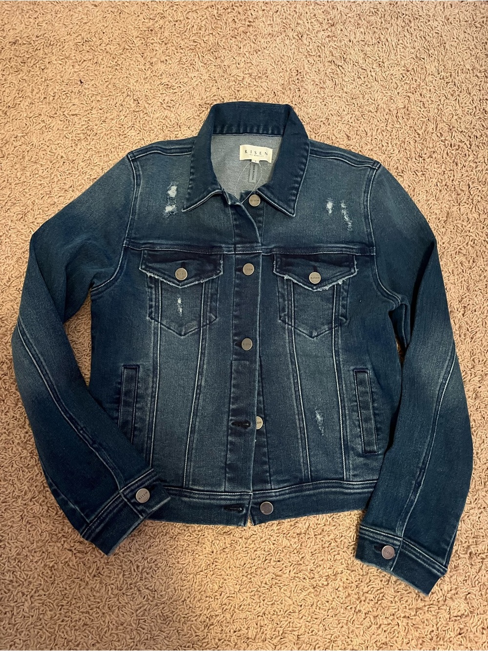 Risen Women's Dark Indigo Distressed Denim Jacket